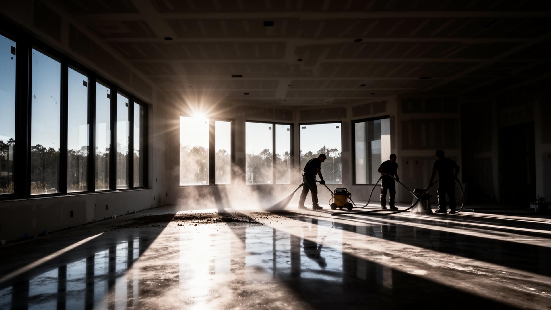 Cleaning crew working in a newly built home interior at sunrise